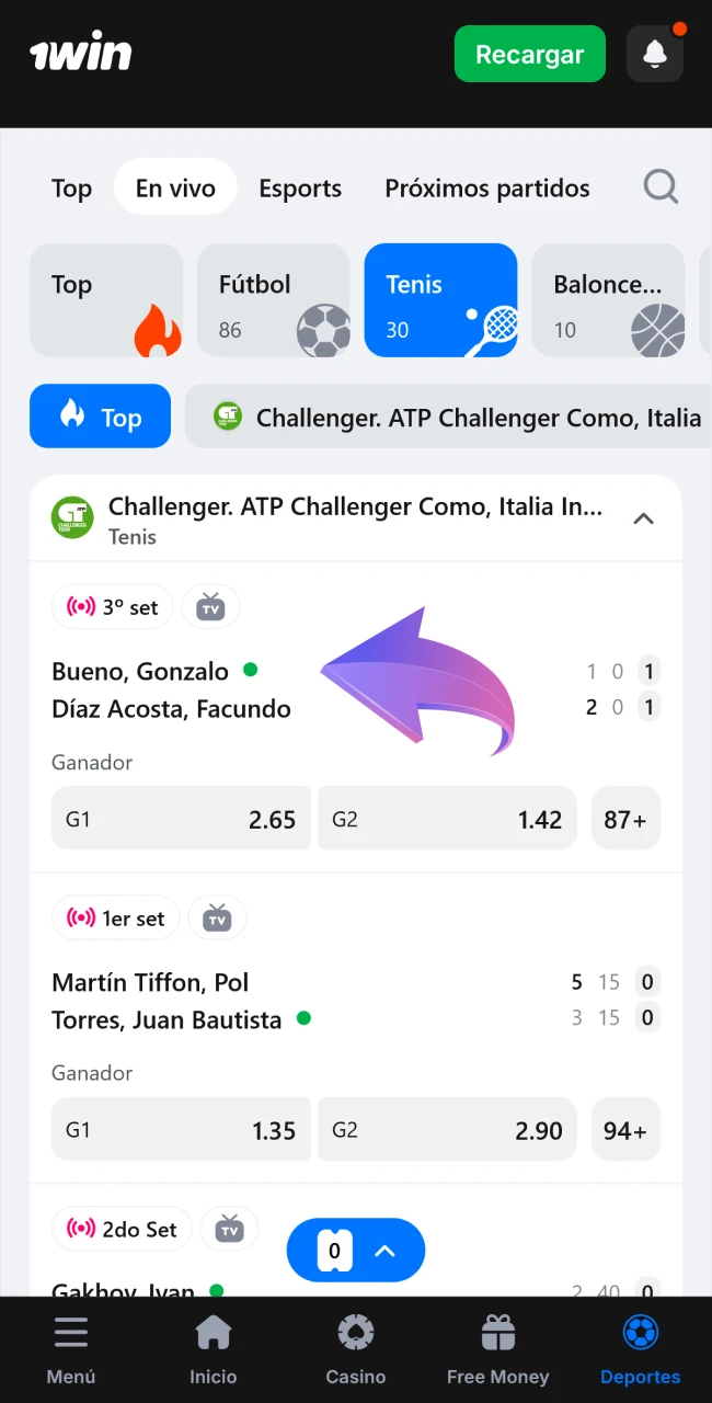 Selecciona un partido de tenis en la lista de eventos disponibles en 1win.